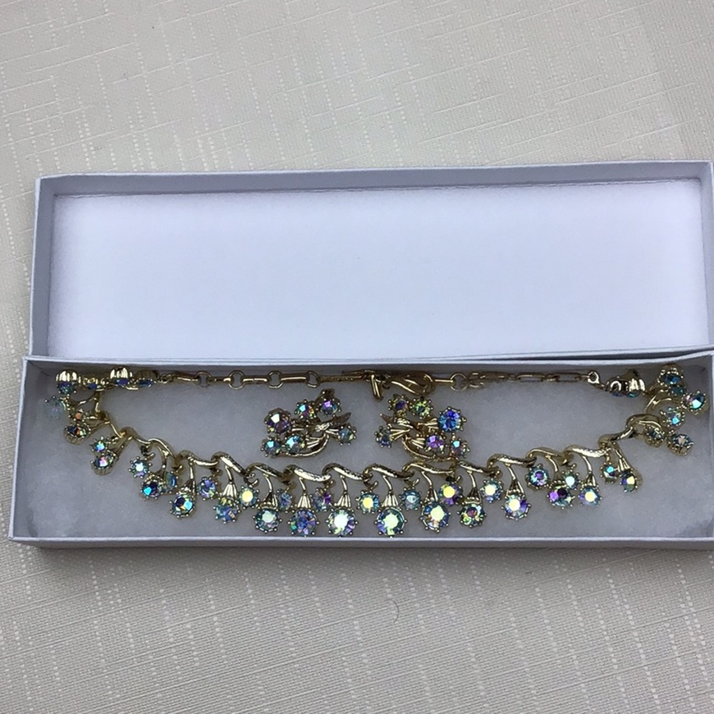 Vintage Coro Necklace Earrings Set AB Rhinestone